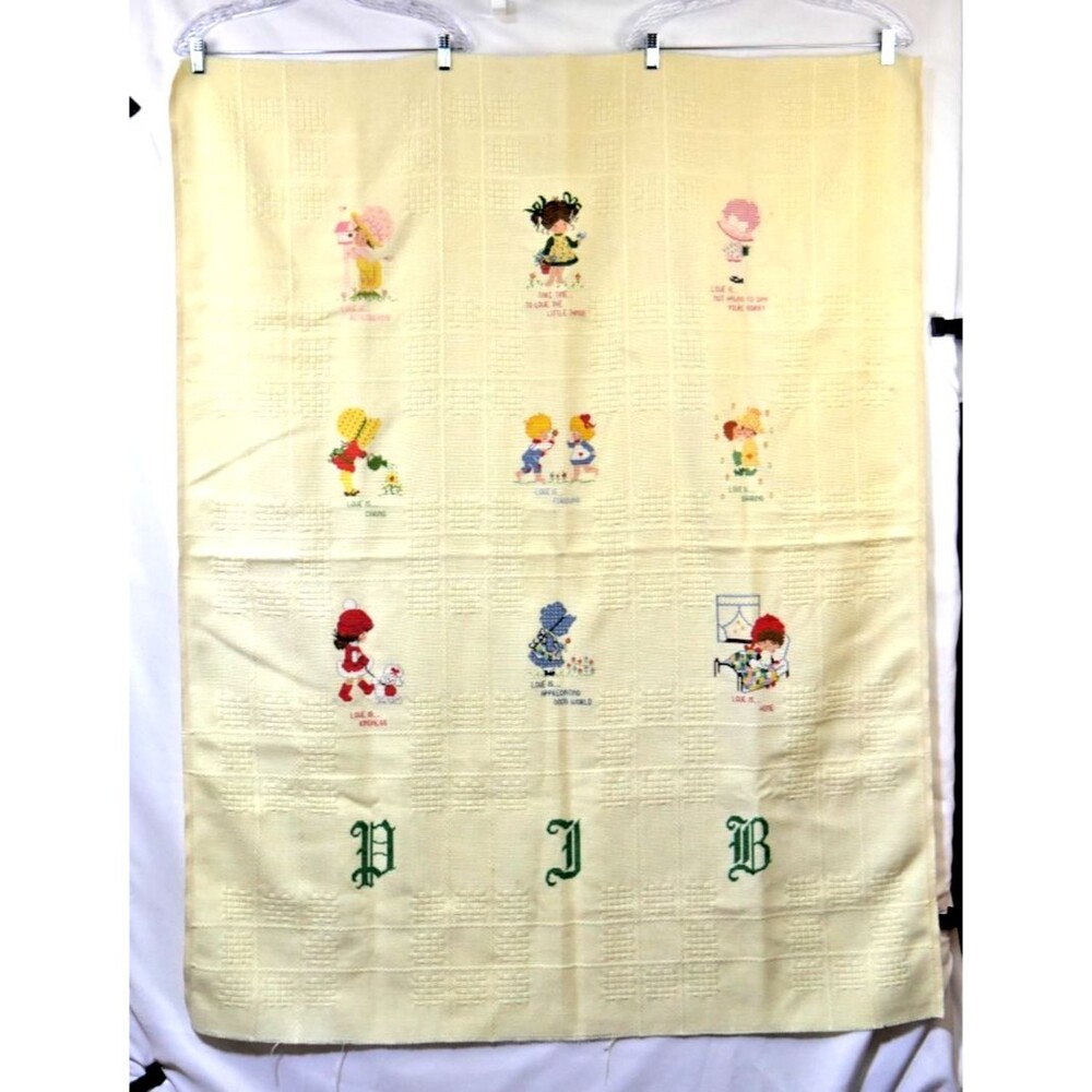 Vintage Handmade Counted Cross Stitch Baby Blanket Ivory Throw "Love Is...."